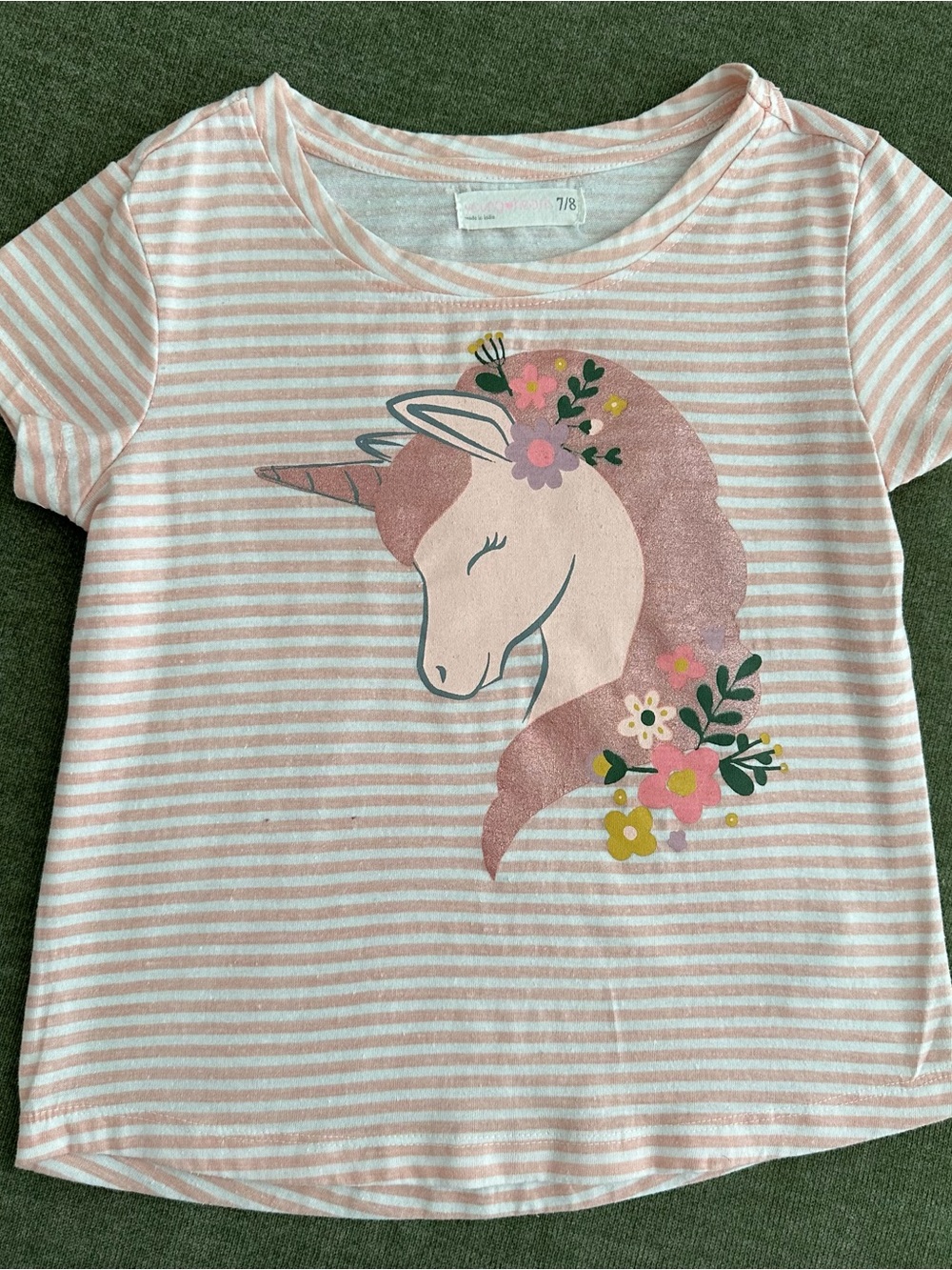 Young Hearts Girls Unicorn Stripe Graphic T-Shirt Pink White Size 7/8 Glitter